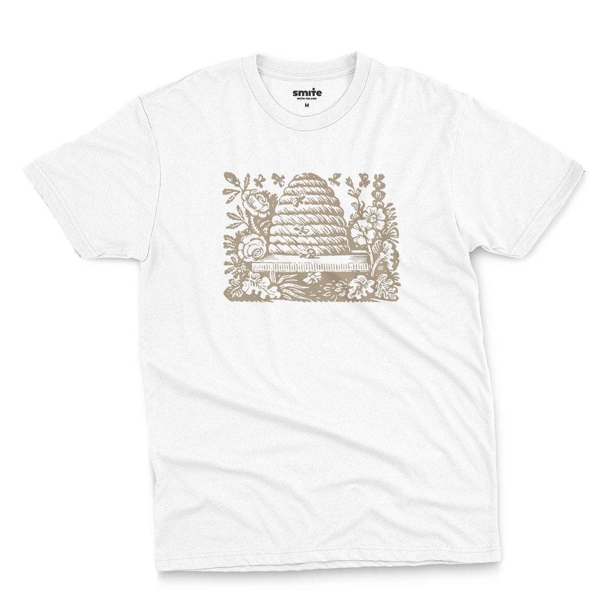 A white t-shirt featuring a retro engraved graphic print of a beehive surrounded by flowers.