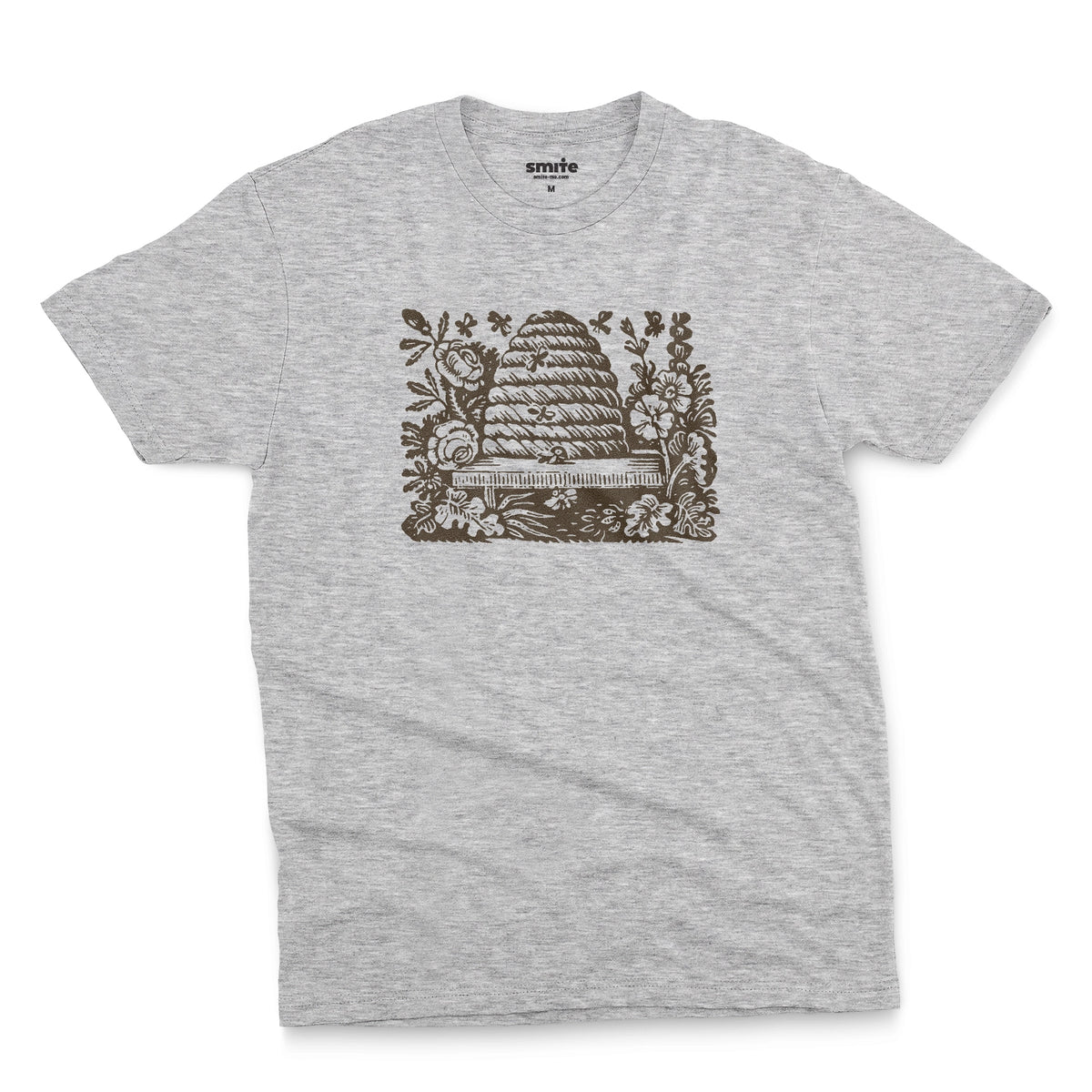 A gray marle t-shirt featuring a retro engraved graphic print of a beehive surrounded by flowers.