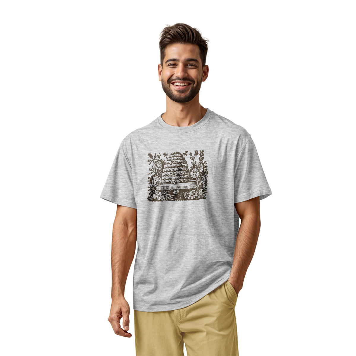 A gray marle t-shirt featuring a retro engraved graphic print of a beehive surrounded by flowers.