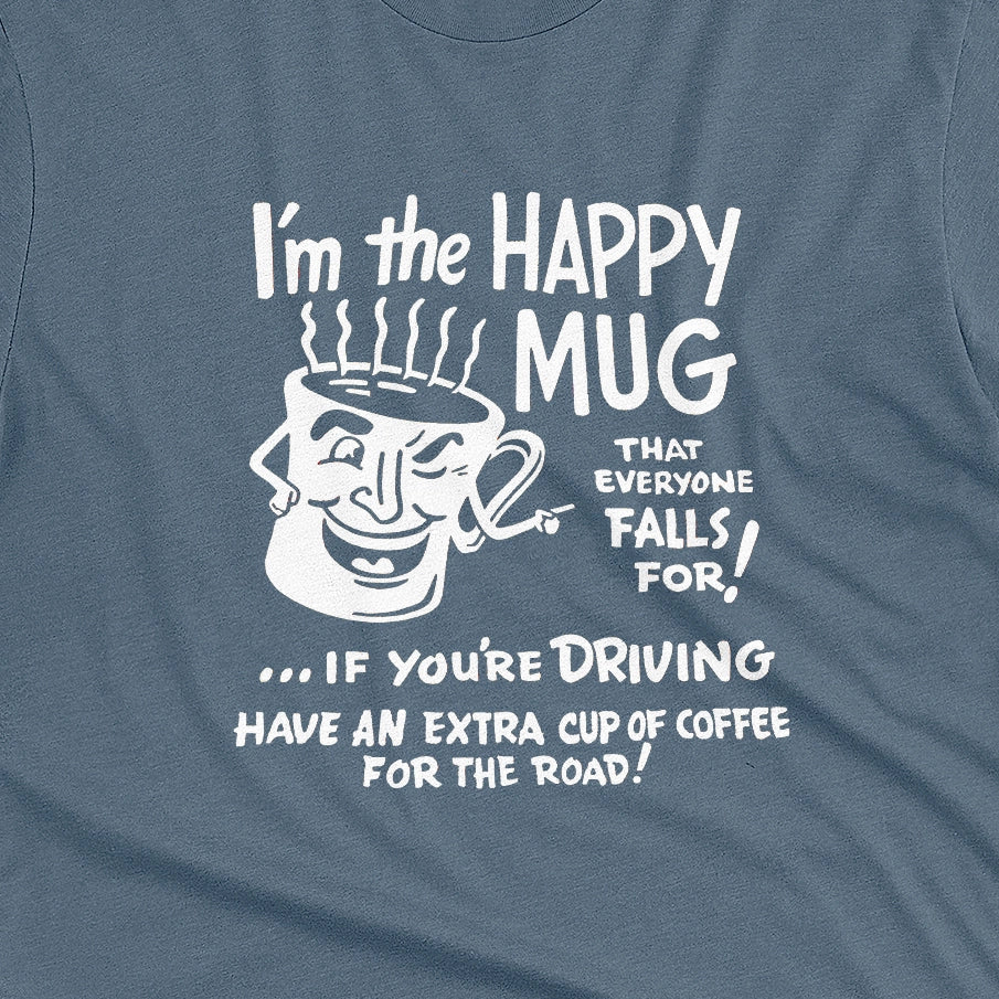 A blue t-shirt with a white retro graphic advertising coffee with a fun cartoon coffee mug.
