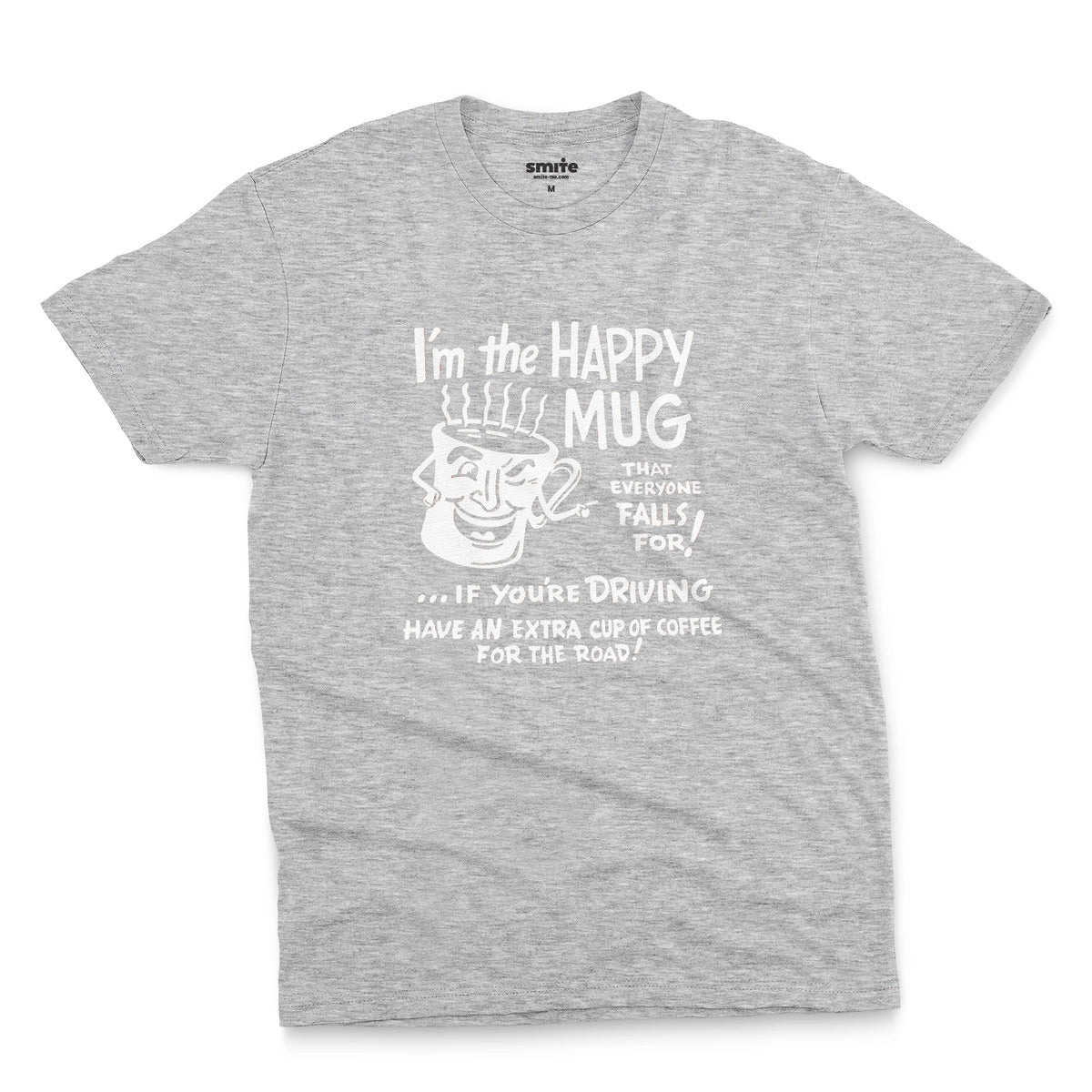 A gray marle t-shirt with a white retro graphic advertising coffee with a fun cartoon coffee mug.