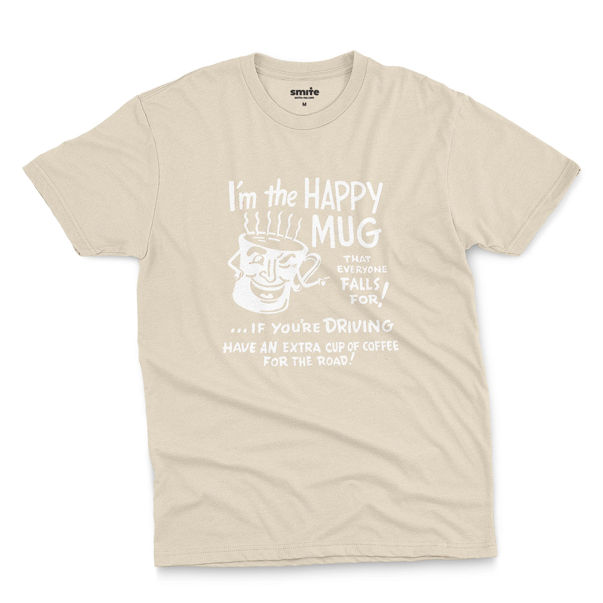 A beige t-shirt with a white retro graphic advertising coffee with a fun cartoon coffee mug.