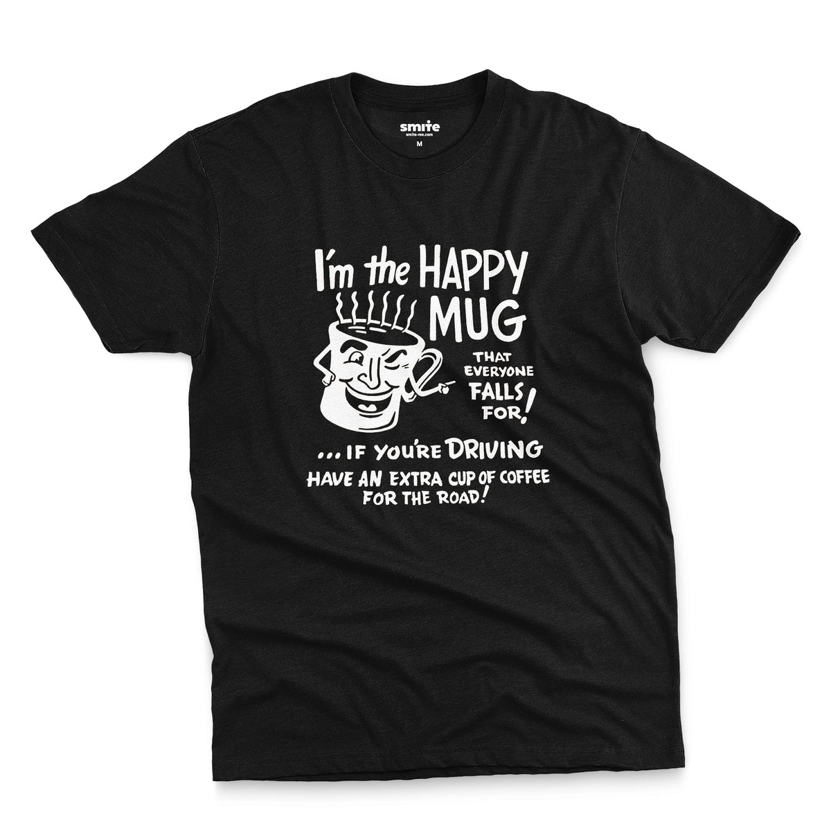 A black t-shirt with a white retro graphic advertising coffee with a fun cartoon coffee mug.
