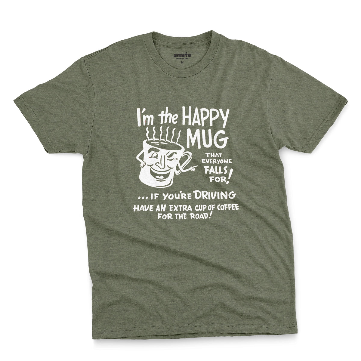 A green t-shirt with a white retro graphic advertising coffee with a fun cartoon coffee mug.