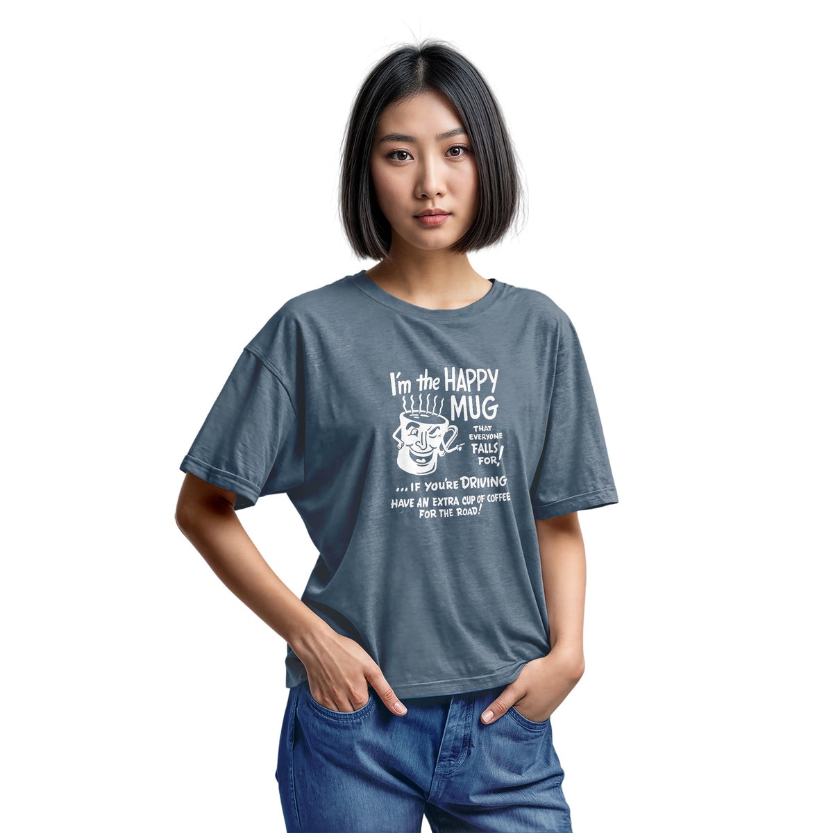 A blue t-shirt with a white retro graphic advertising coffee with a fun cartoon coffee mug.