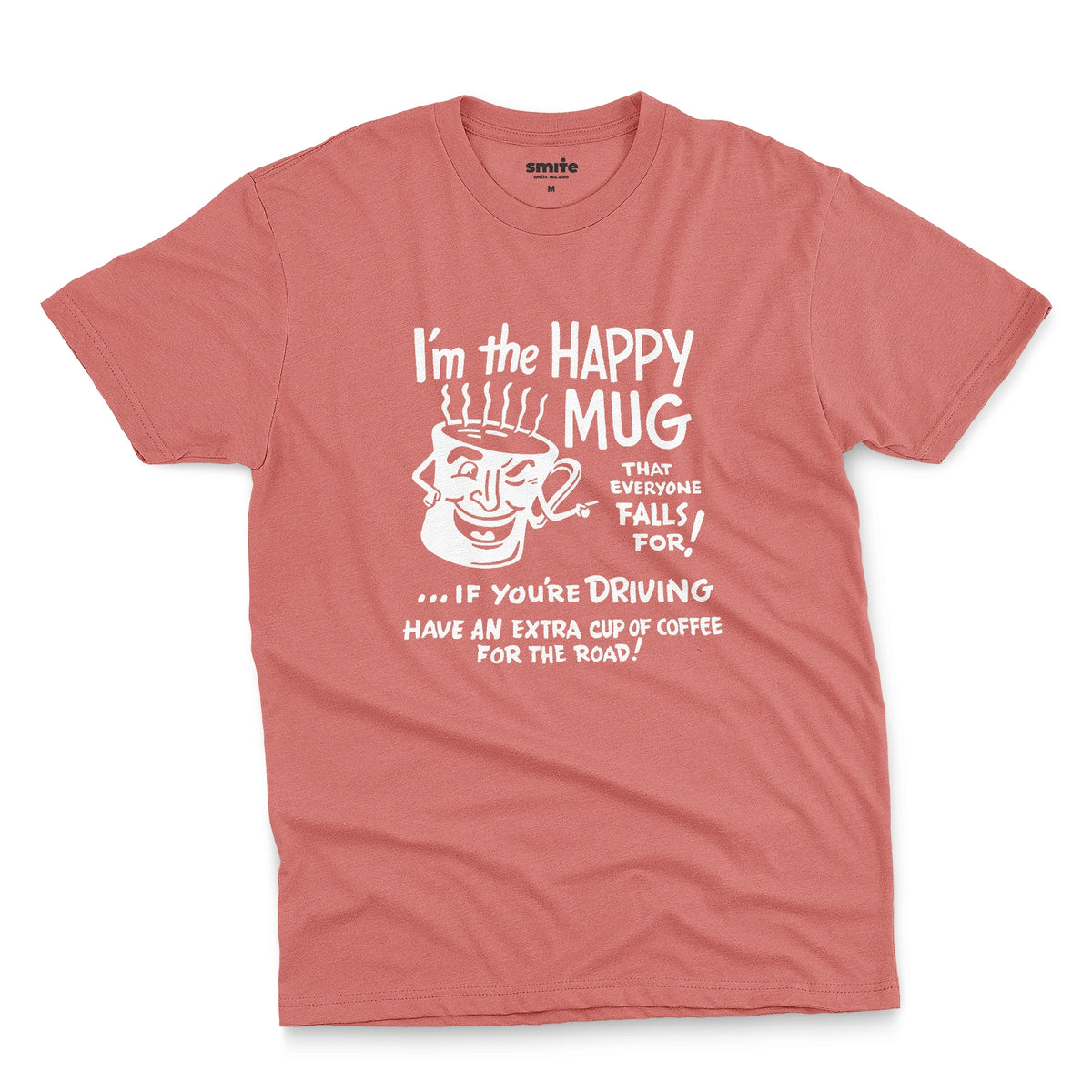 A coral pink t-shirt with a white retro graphic advertising coffee with a fun cartoon coffee mug.