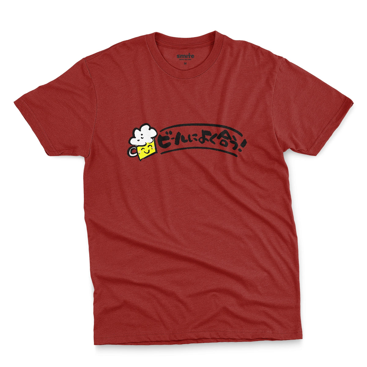 A red t-shirt featuring a cartoon-style graphic of a jug of beer and the Japanese text 'Great With Beer!' in black.