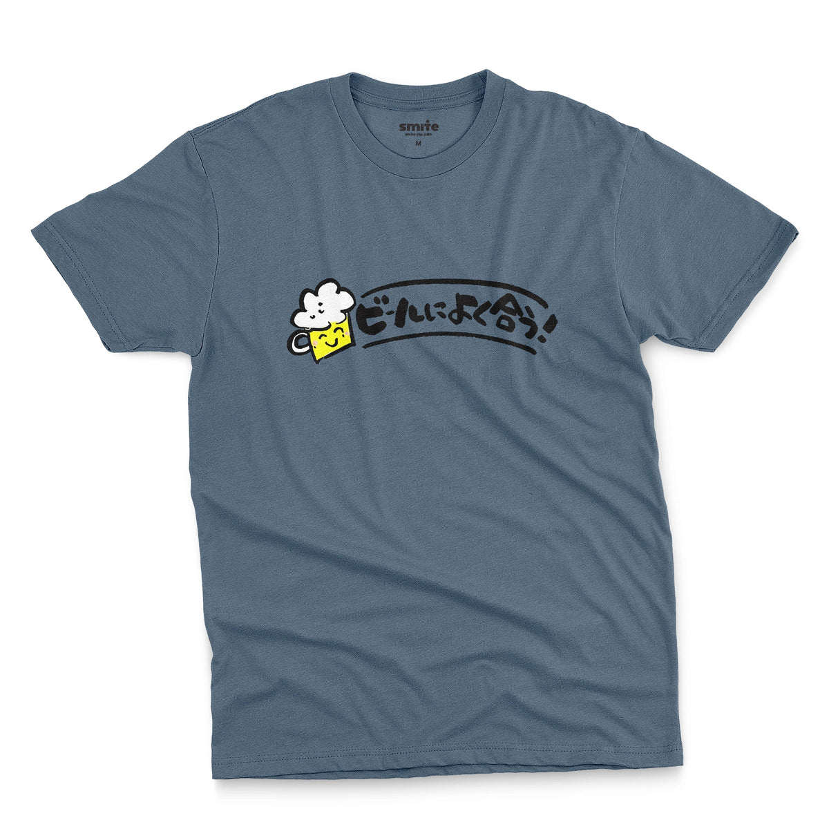 A blue t-shirt featuring a cartoon-style graphic of a jug of beer and the Japanese text 'Great With Beer!' in black.