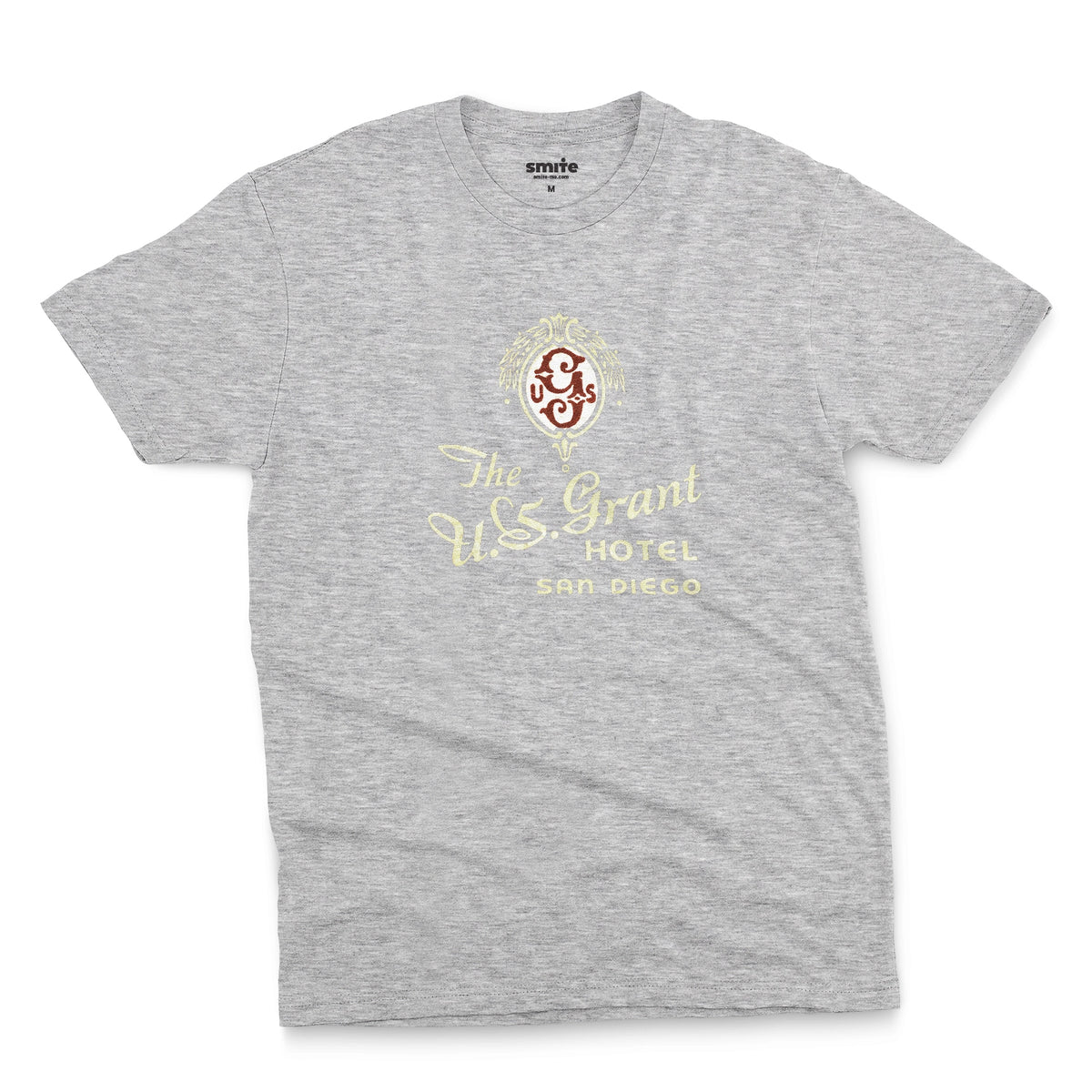 A gray marle t-shirt with a vintage logo for the U.S. Grant Hotel in San Diego.