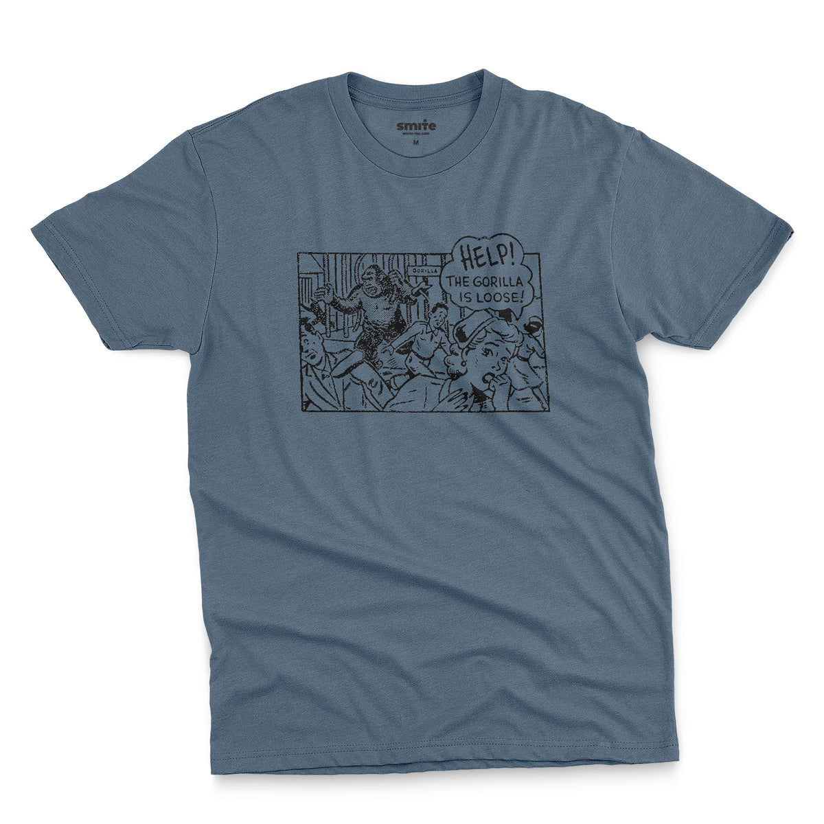 A blue t-shirt featuring a retro comic-style graphic depicting a gorilla and the text 'HELP! THE GORILLA IS LOOSE!'.