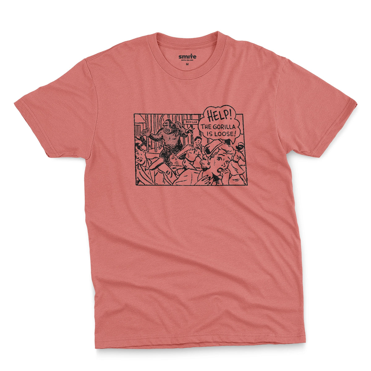 A coral pink t-shirt featuring a retro comic-style graphic depicting a gorilla and the text 'HELP! THE GORILLA IS LOOSE!'.