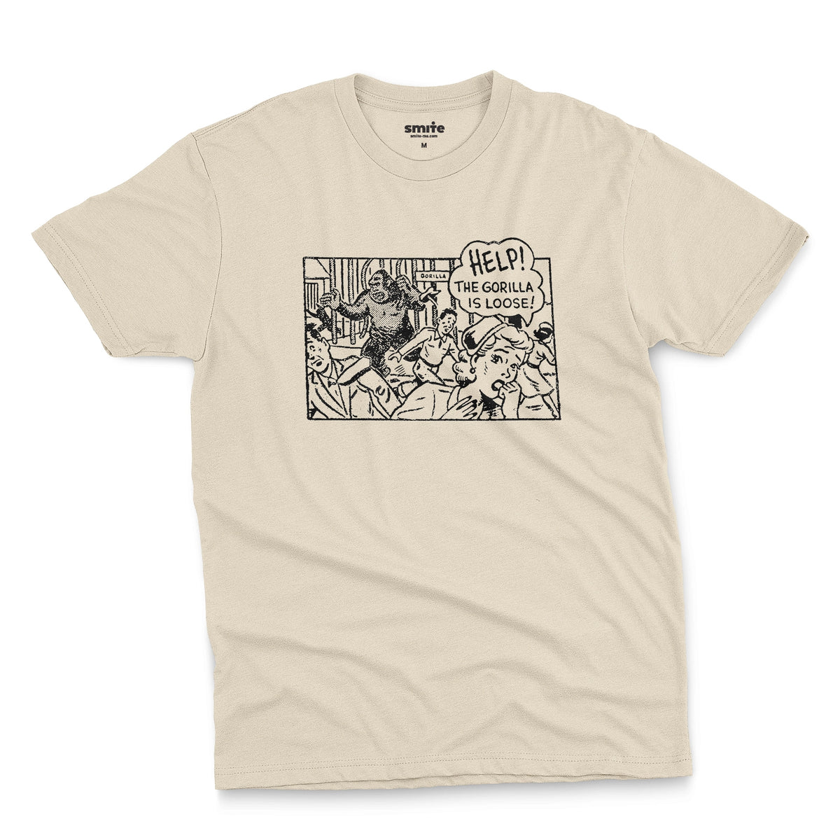 A beige t-shirt featuring a retro comic-style graphic depicting a gorilla and the text 'HELP! THE GORILLA IS LOOSE!'.