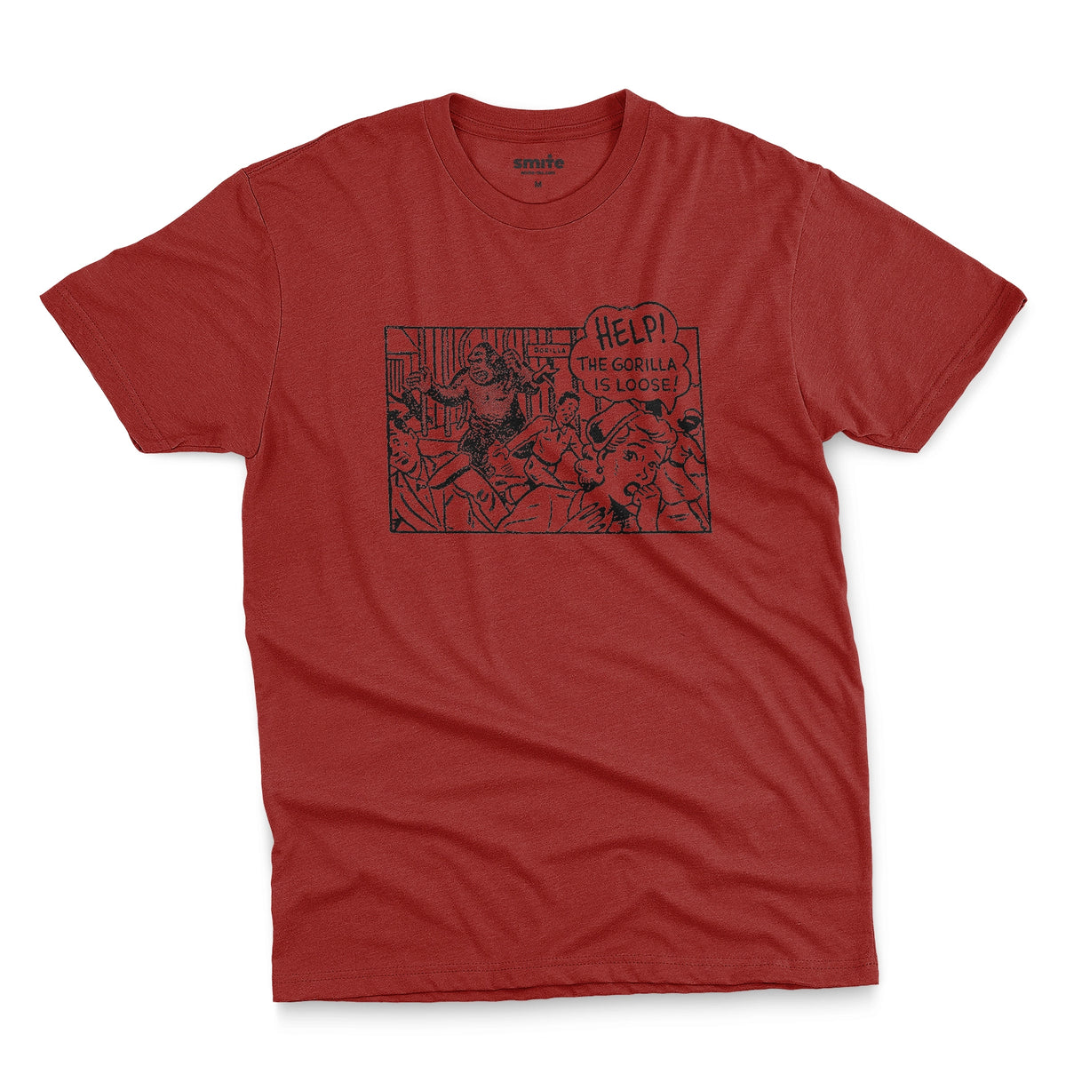 A red t-shirt featuring a retro comic-style graphic depicting a gorilla and the text 'HELP! THE GORILLA IS LOOSE!'.