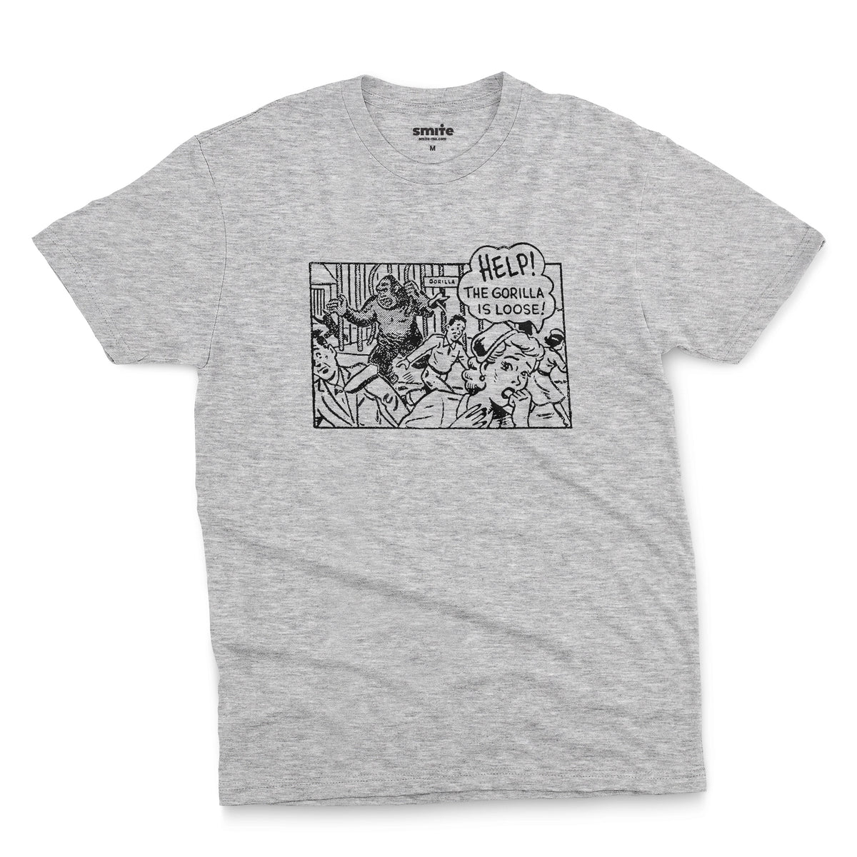 A gray marle t-shirt featuring a retro comic-style graphic depicting a gorilla and the text 'HELP! THE GORILLA IS LOOSE!'.
