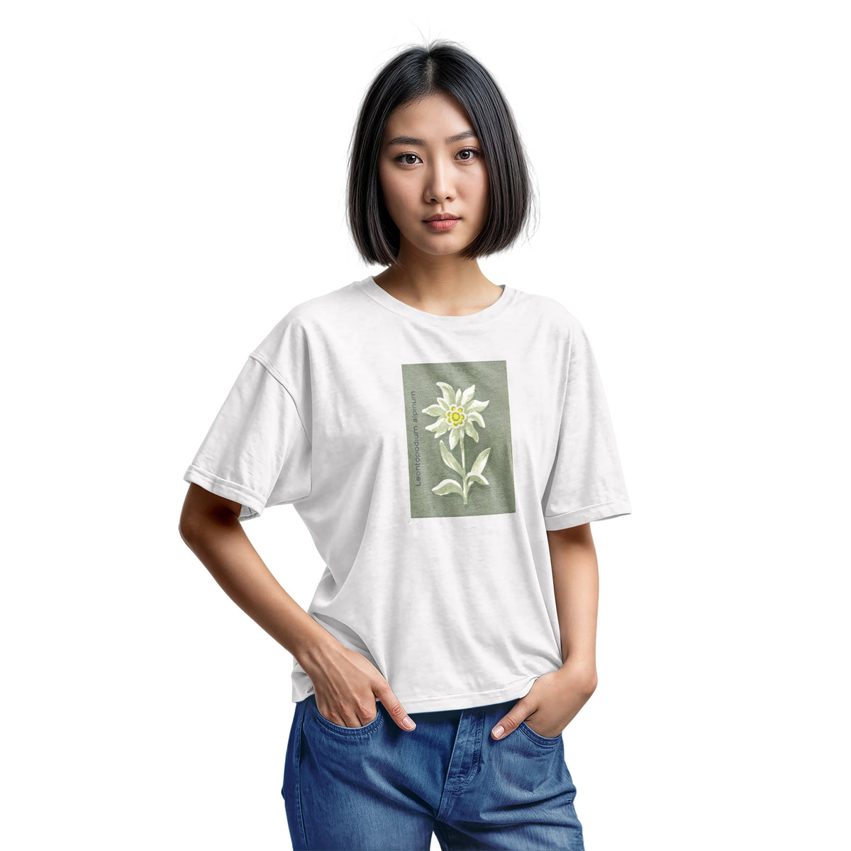 A white t-shirt featuring a retro illustration of an Edelweiss flower from a 1960s European matchbook.