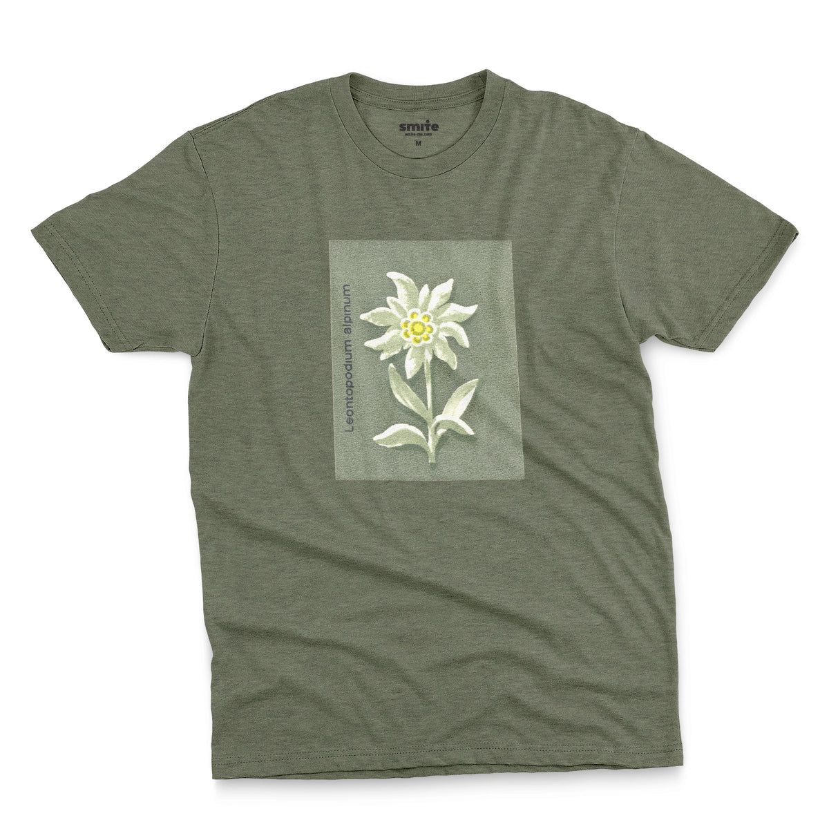 A green t-shirt featuring a retro illustration of an Edelweiss flower from a 1960s European matchbook.