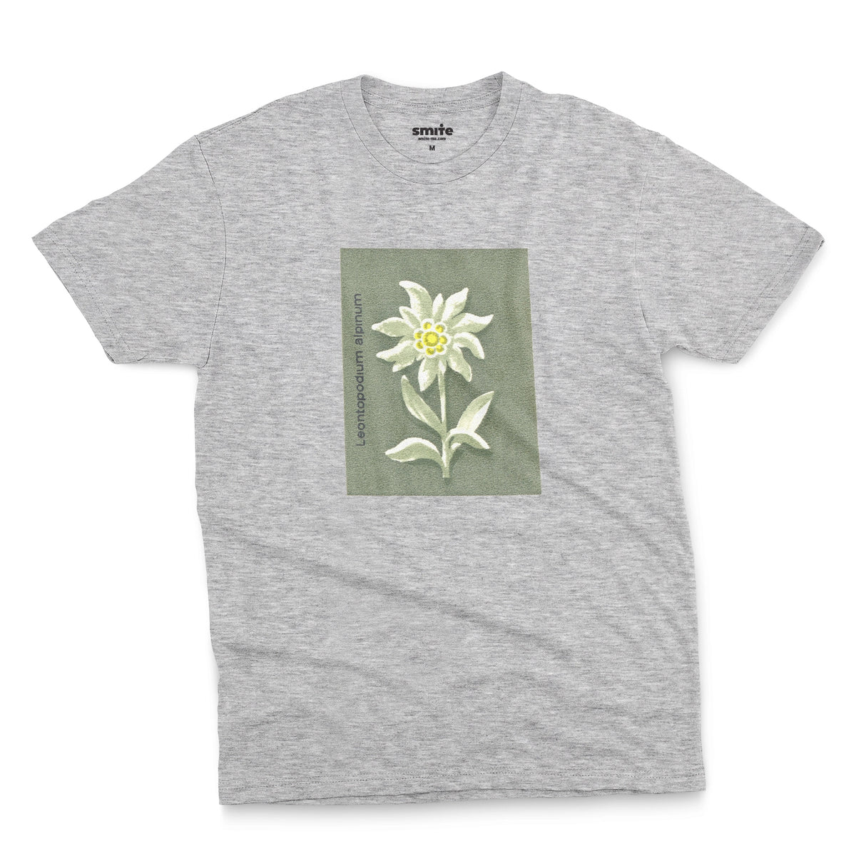 A gray marle t-shirt featuring a retro illustration of an Edelweiss flower from a 1960s European matchbook.