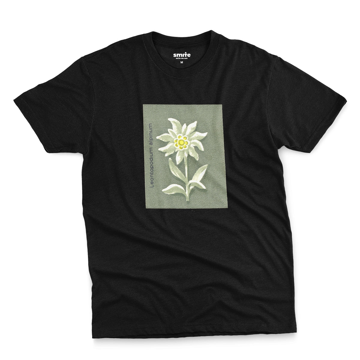 A black t-shirt featuring a retro illustration of an Edelweiss flower from a 1960s European matchbook.