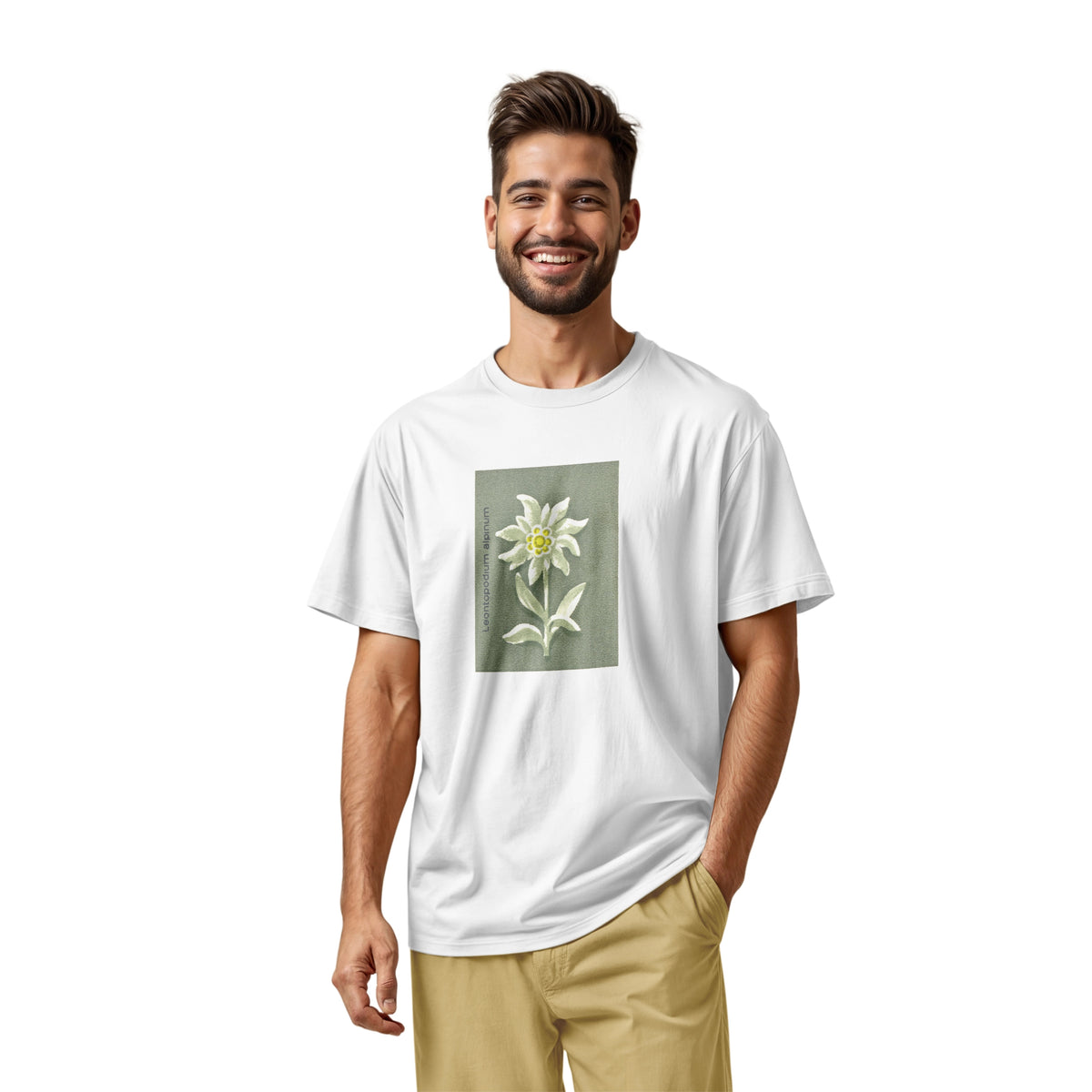 A white t-shirt featuring a retro illustration of an Edelweiss flower from a 1960s European matchbook.