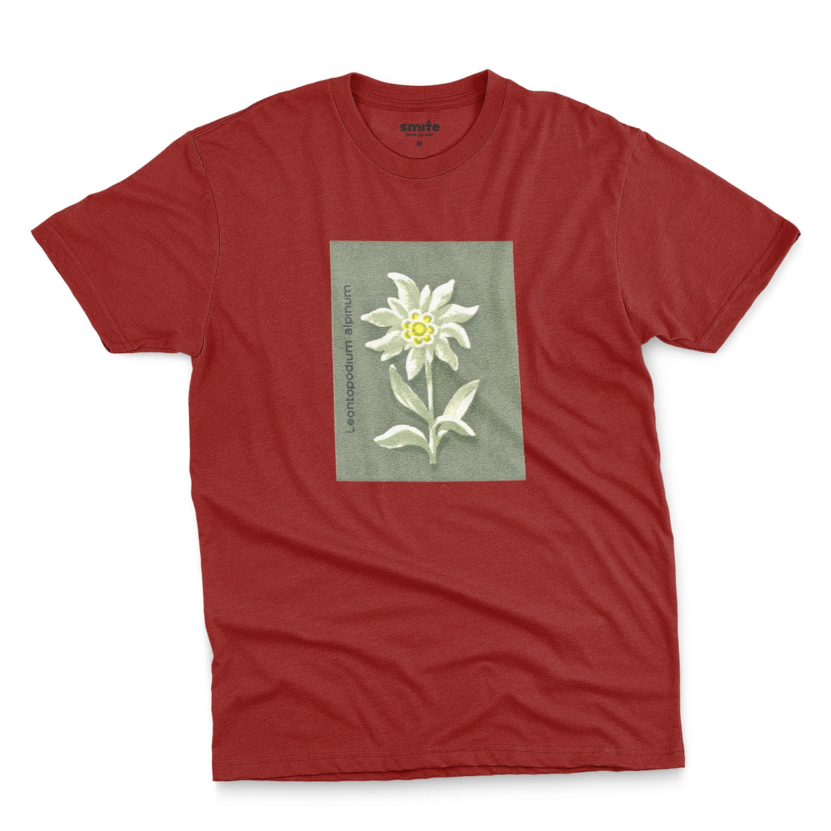 A red t-shirt featuring a retro illustration of an Edelweiss flower from a 1960s European matchbook.