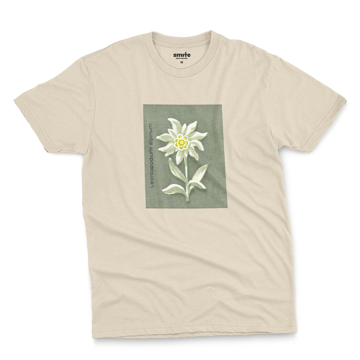 A beige t-shirt featuring a retro illustration of an Edelweiss flower from a 1960s European matchbook.