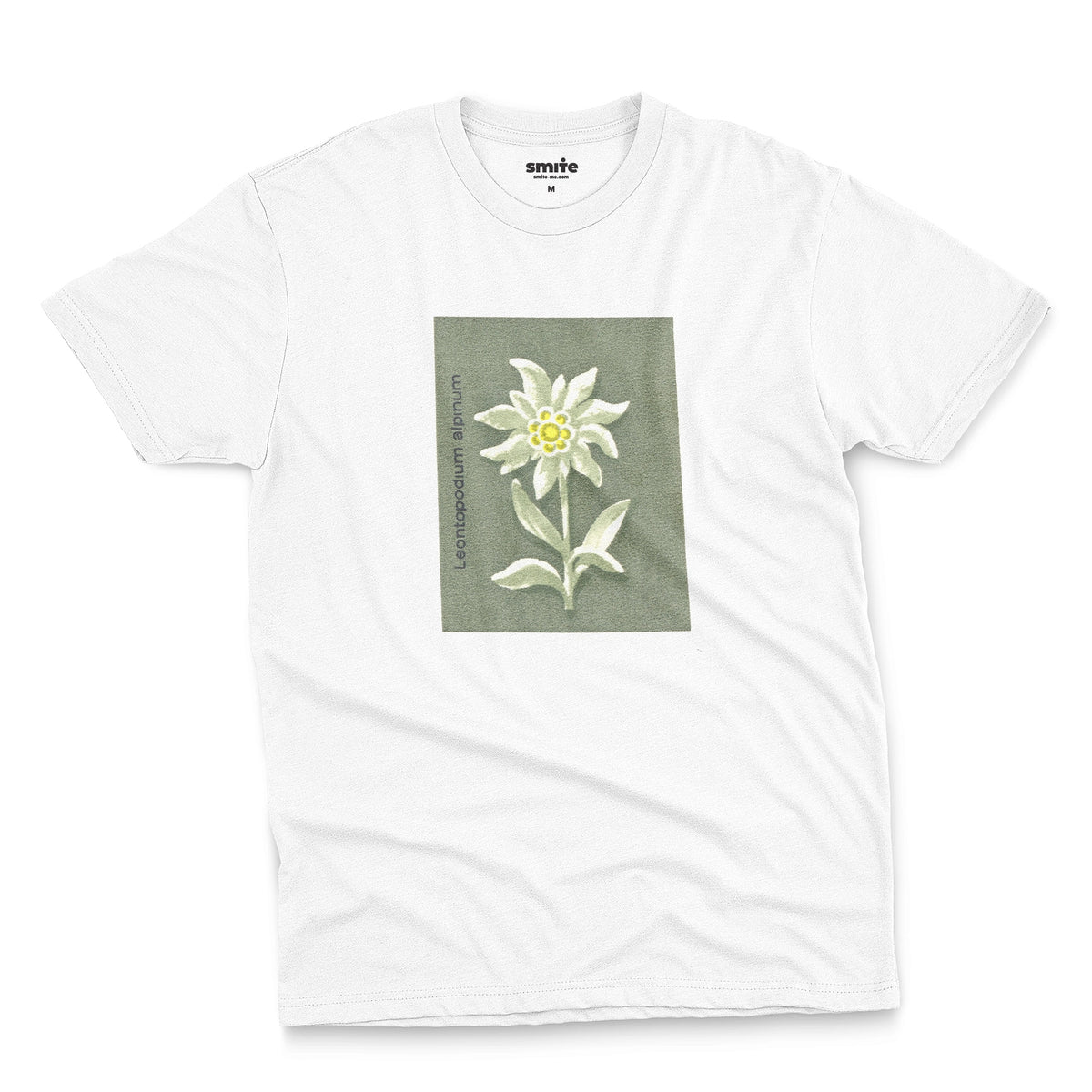 A white t-shirt featuring a retro illustration of an Edelweiss flower from a 1960s European matchbook.