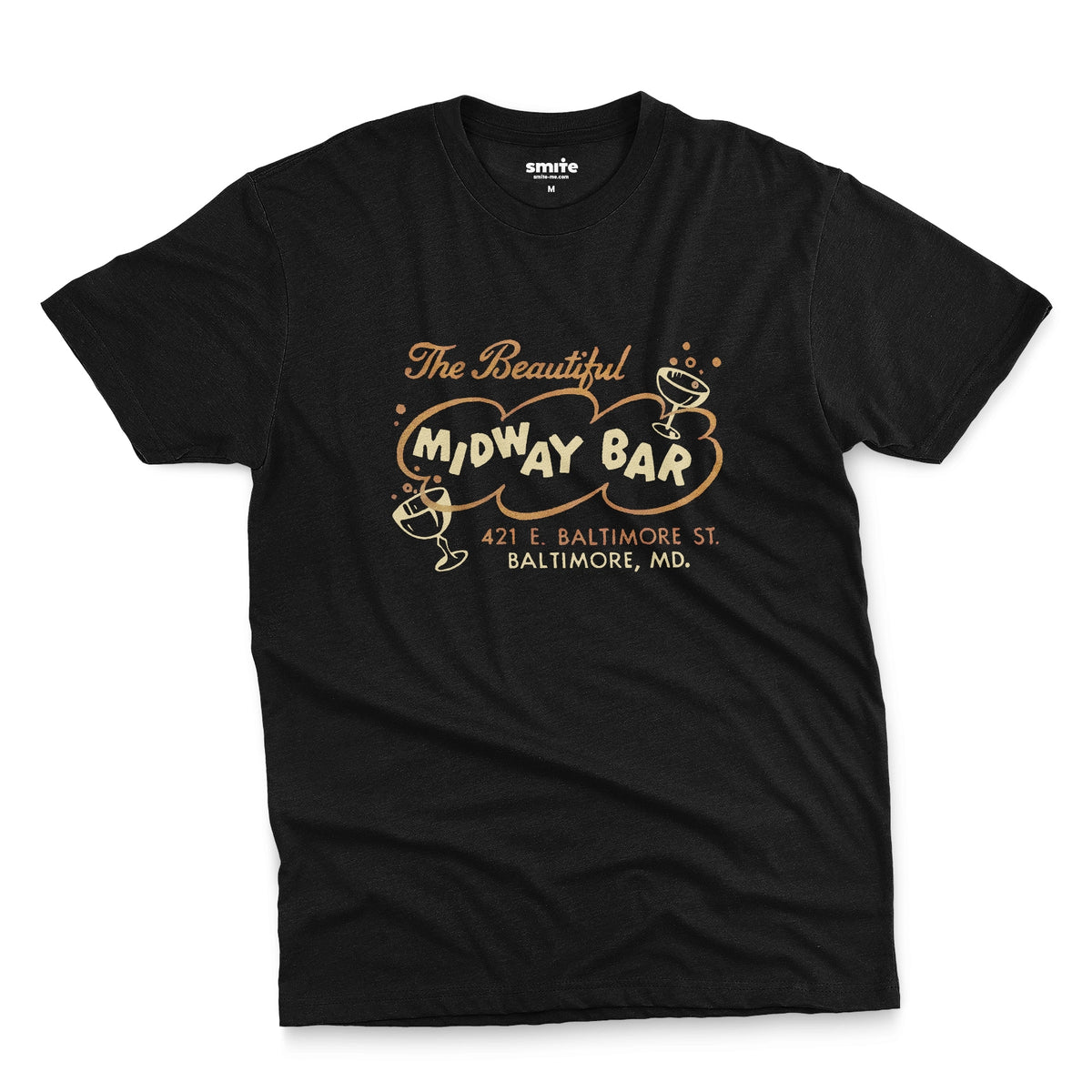 A black t-shirt with a retro advertisement for the Midway Bar in Baltimore.