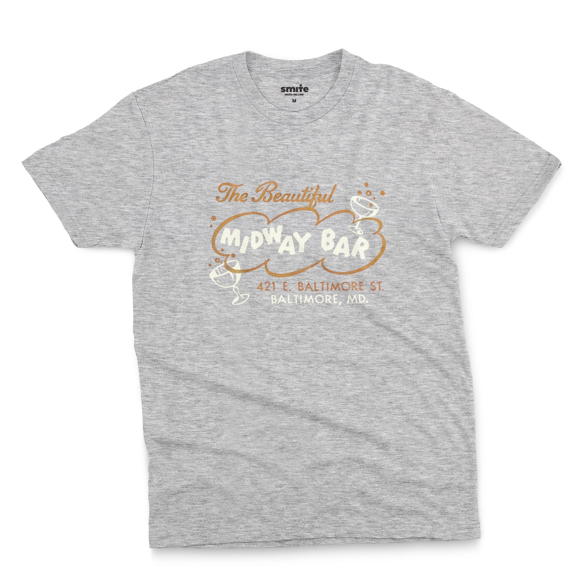 A gray marle t-shirt with a retro advertisement for the Midway Bar in Baltimore.