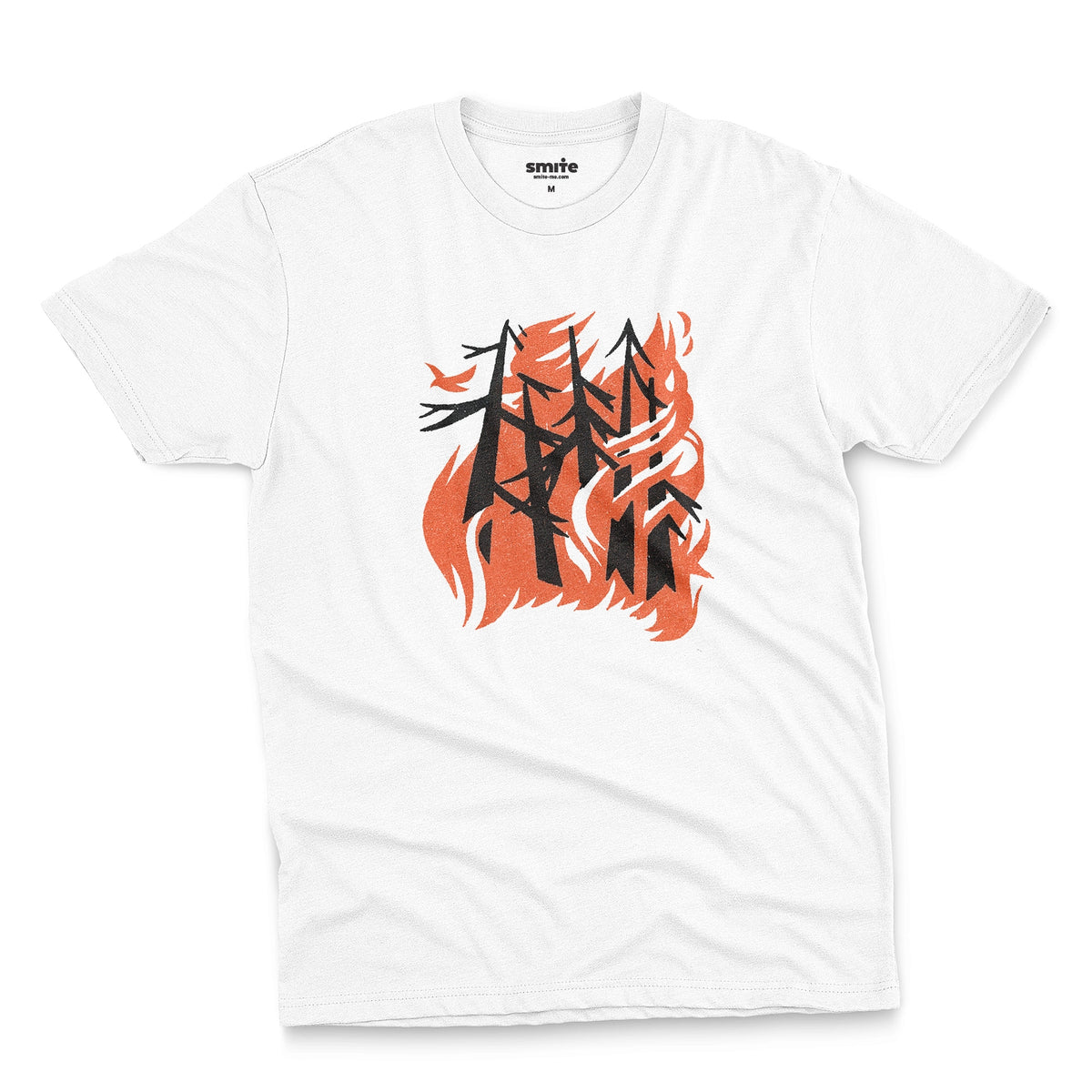 A white t-shirt with a retro graphic of stylized trees engulfed in orange flames and a single bird escaping.