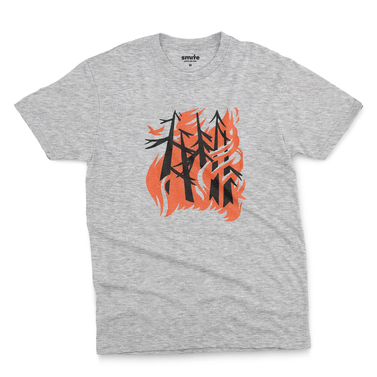 A gray marle t-shirt with a retro graphic of stylized trees engulfed in orange flames and a single bird escaping.