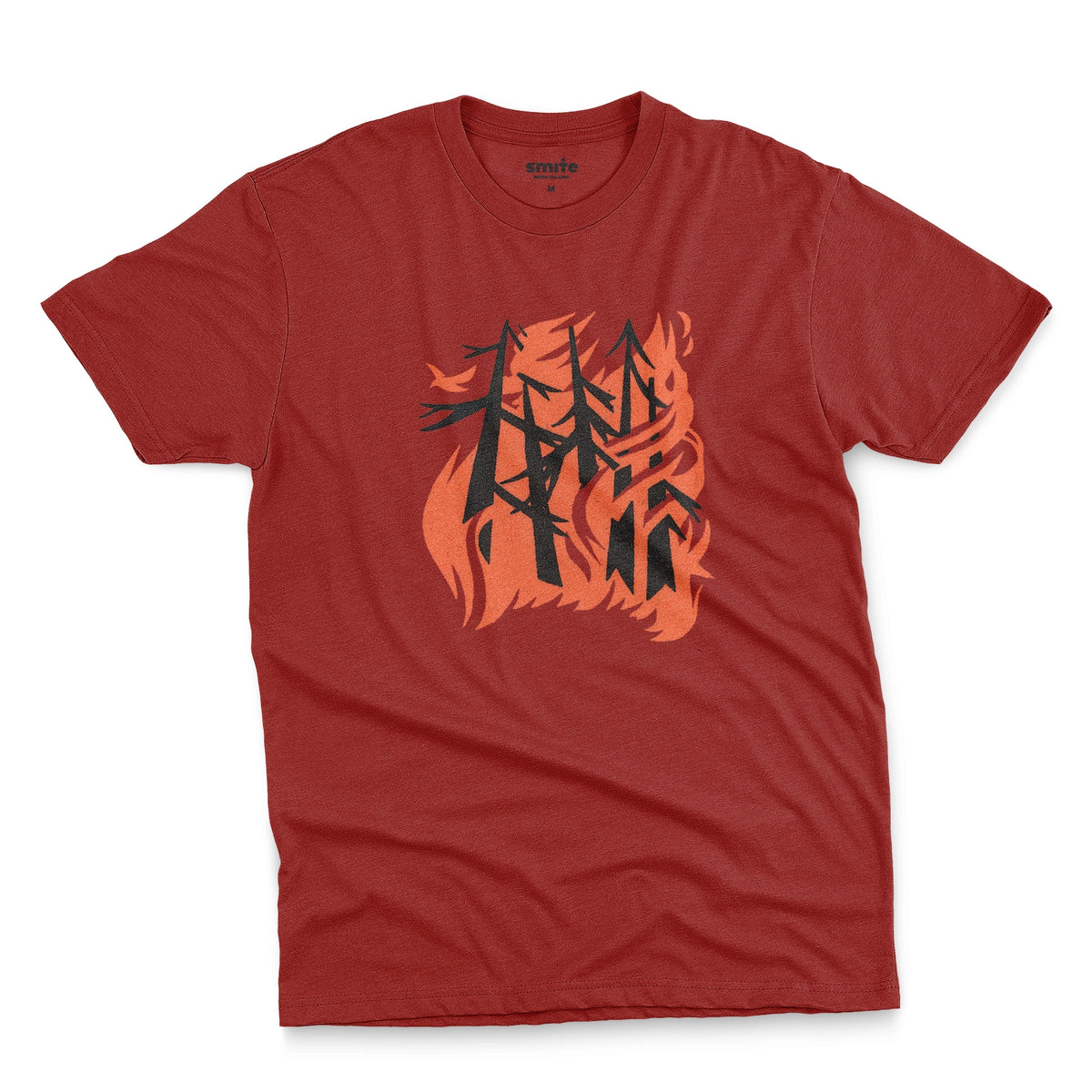 A red t-shirt with a retro graphic of stylized trees engulfed in orange flames and a single bird escaping.