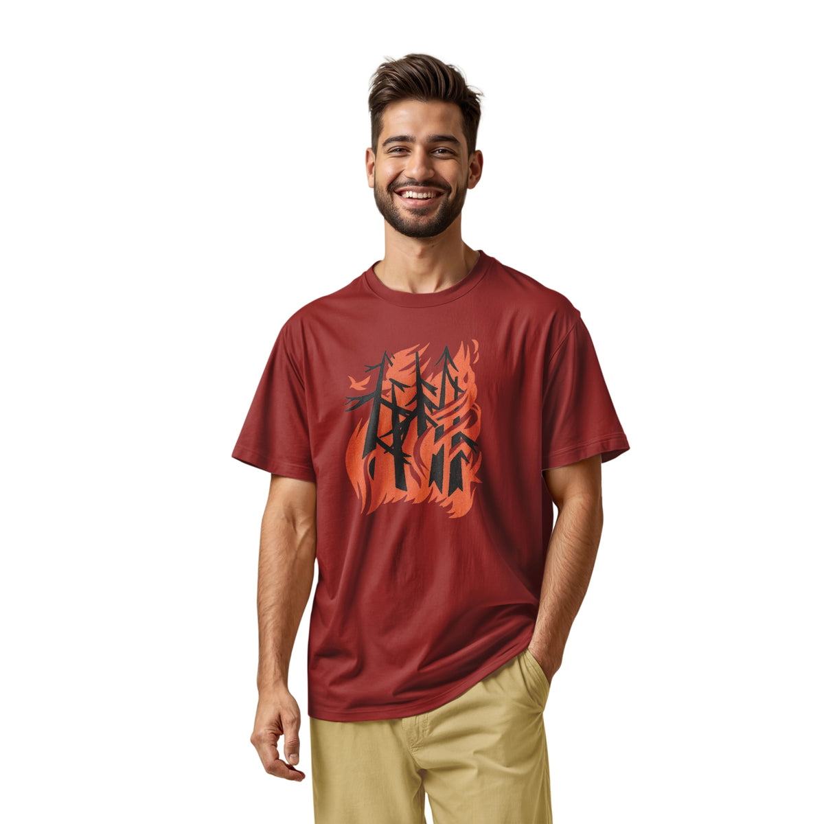 A red t-shirt with a retro graphic of stylized trees engulfed in orange flames and a single bird escaping.