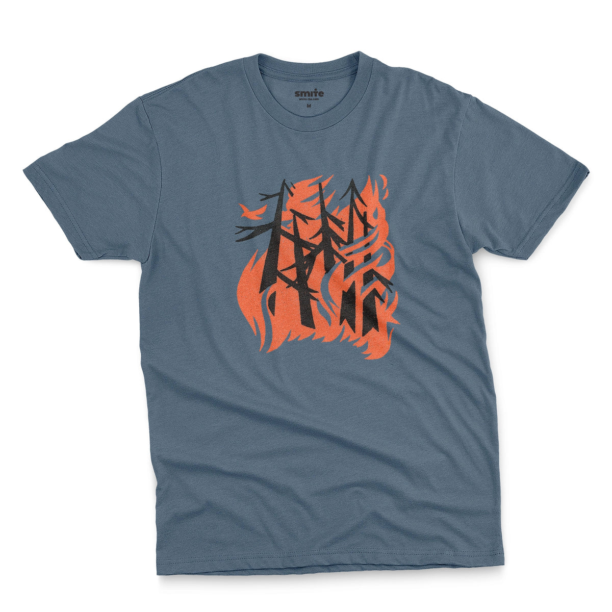 A blue t-shirt with a retro graphic of stylized trees engulfed in orange flames and a single bird escaping.