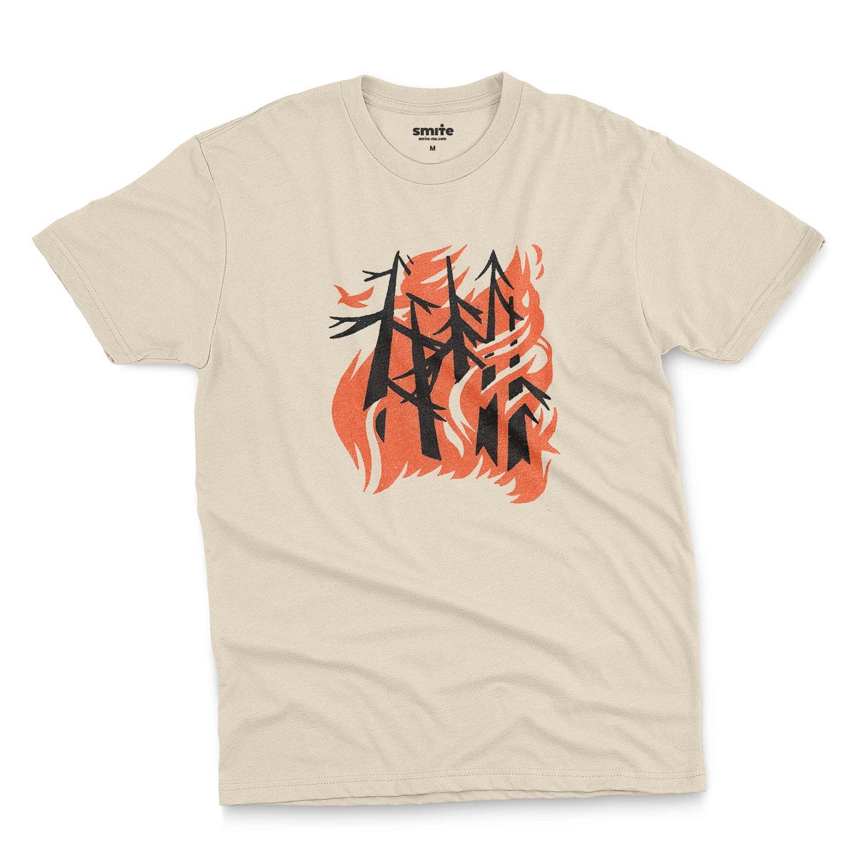 A beige t-shirt with a retro graphic of stylized trees engulfed in orange flames and a single bird escaping.