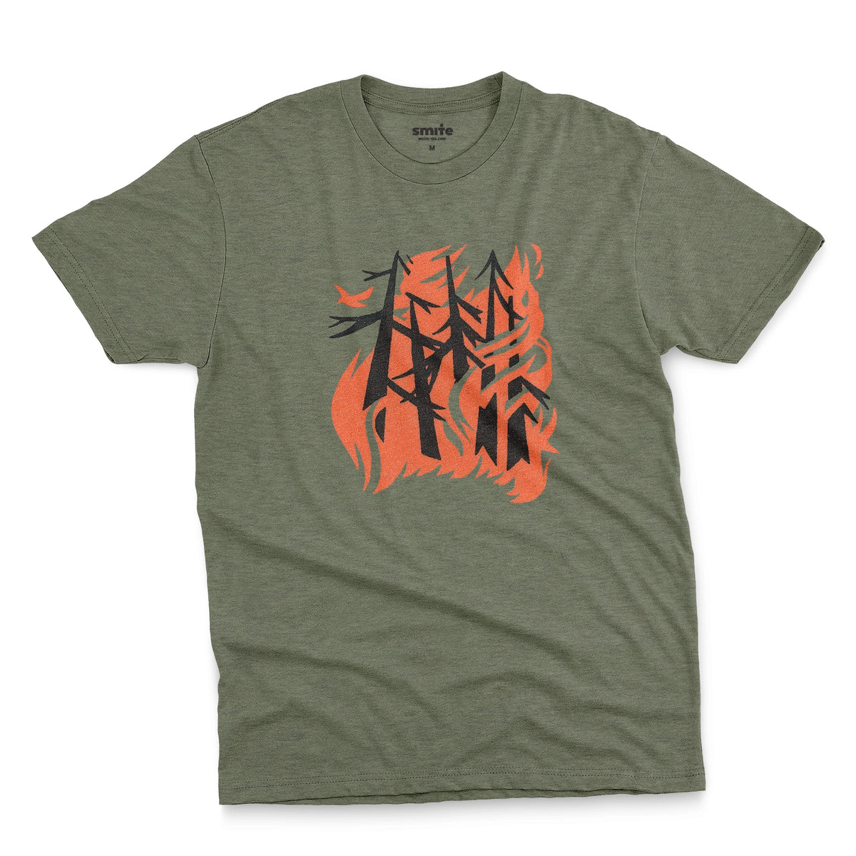 A green t-shirt with a retro graphic of stylized trees engulfed in orange flames and a single bird escaping.