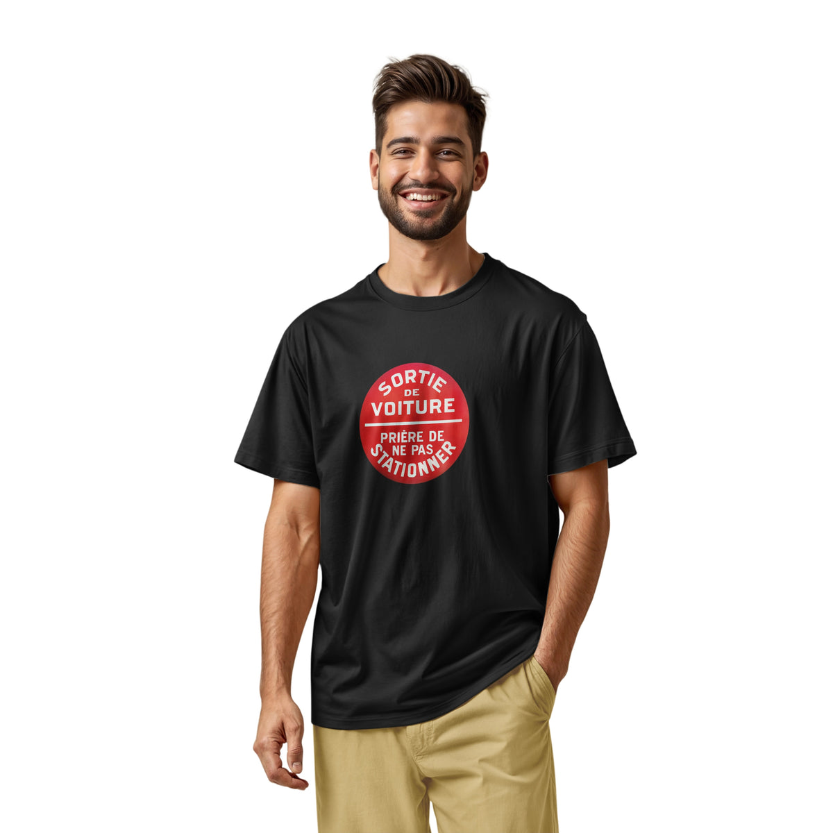 A black t-shirt with a retro red and white graphic on the chest with French text 'SORTIE DE VOITURE PRIERE DE NE PAS STATIONNER'.