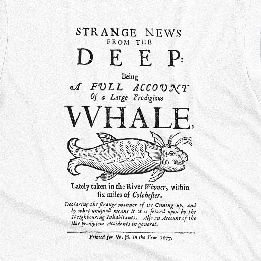A white t-shirt with a graphic cover page print from 1677 about a whale caught in a river.