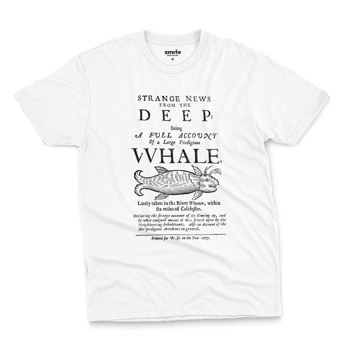 A white t-shirt with a graphic cover page print from 1677 about a whale caught in a river.