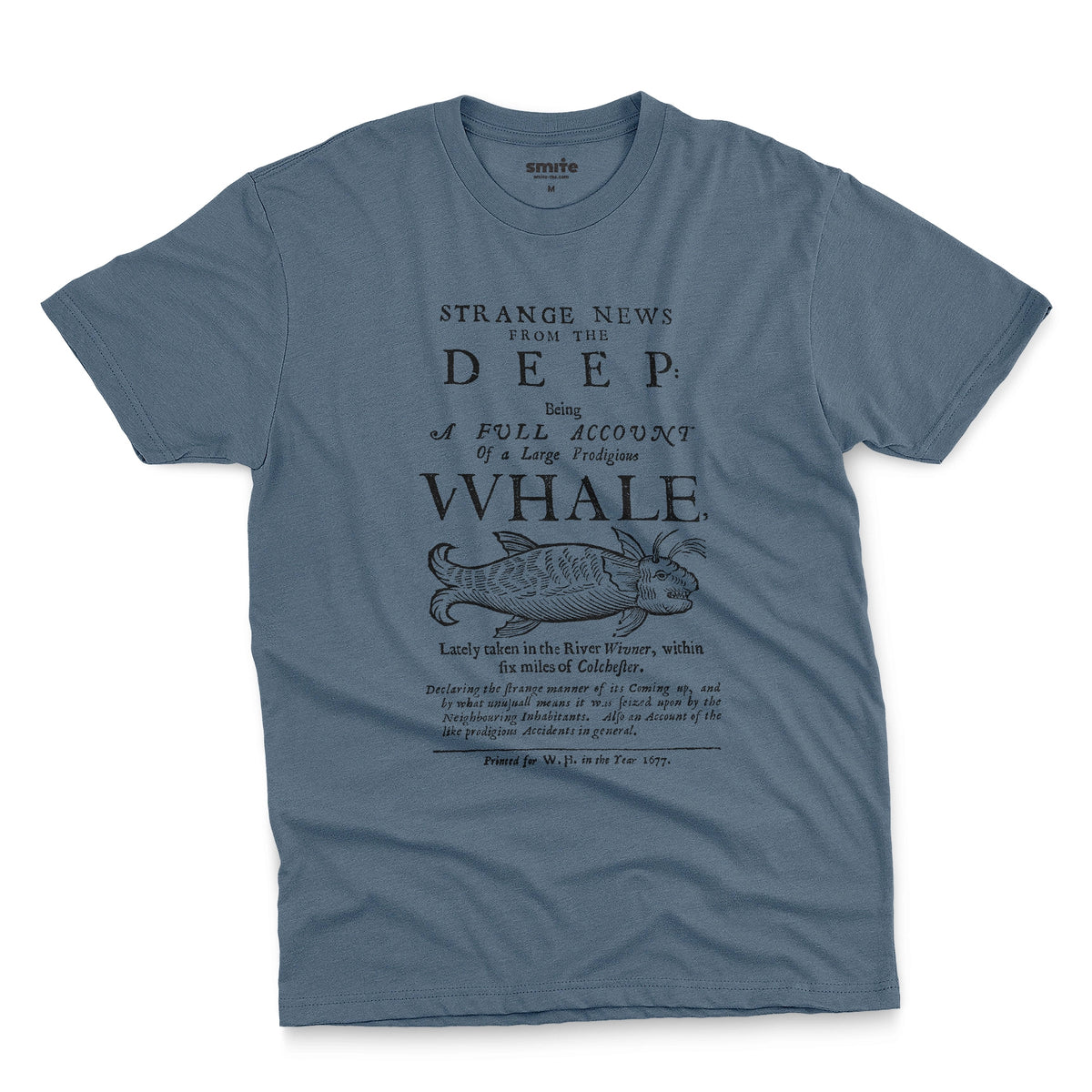 A blue t-shirt with a graphic cover page print from 1677 about a whale caught in a river.