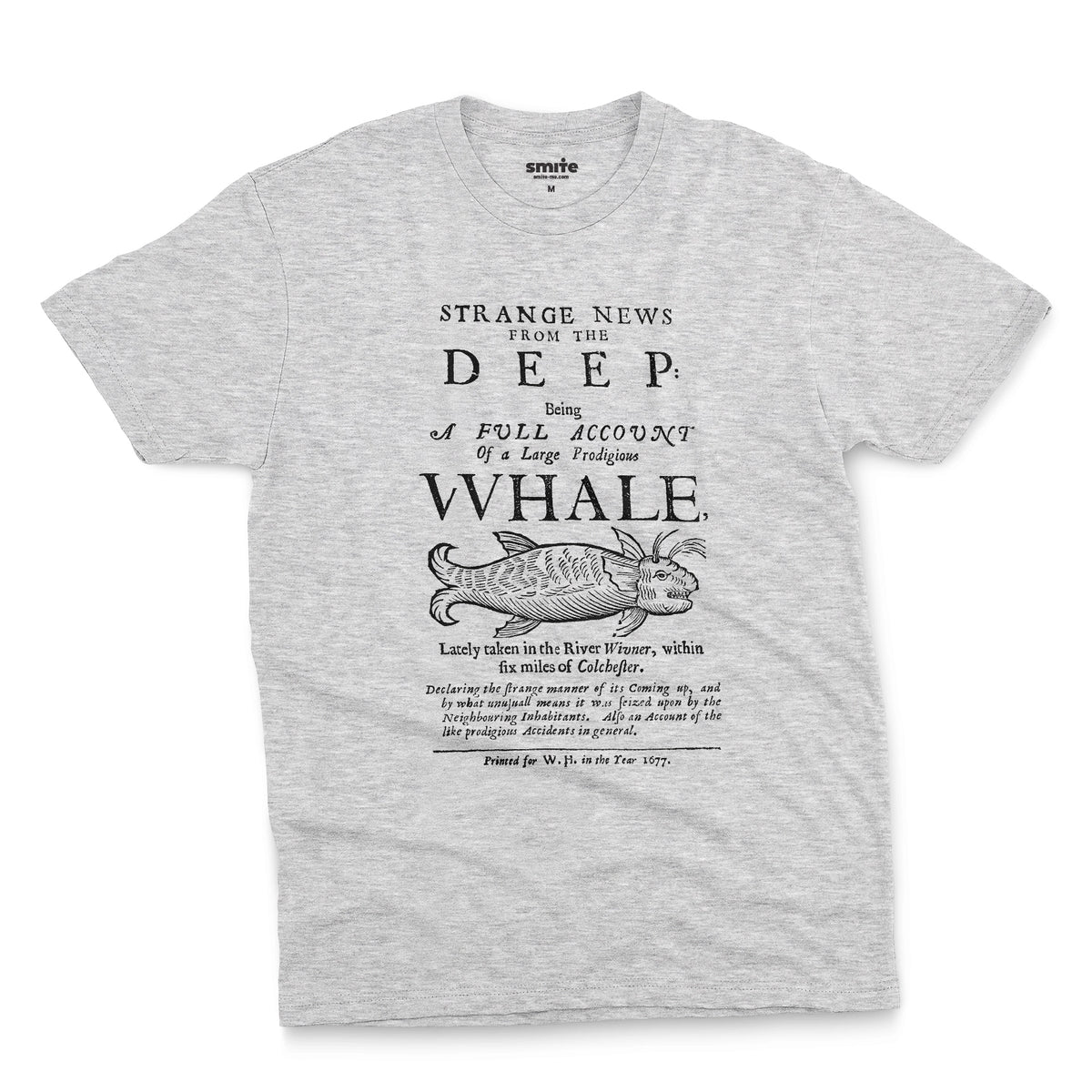 A grey marle t-shirt with a graphic cover page print from 1677 about a whale caught in a river.