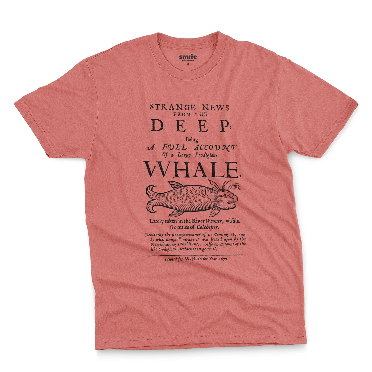 A coral pink t-shirt with a graphic cover page print from 1677 about a whale caught in a river.