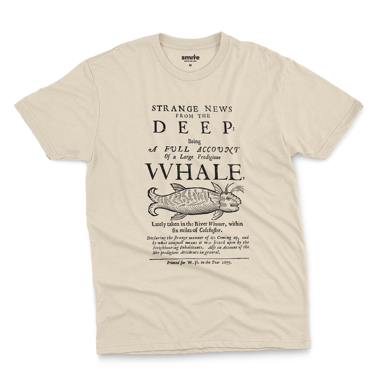 A beige t-shirt with a graphic cover page print from 1677 about a whale caught in a river.