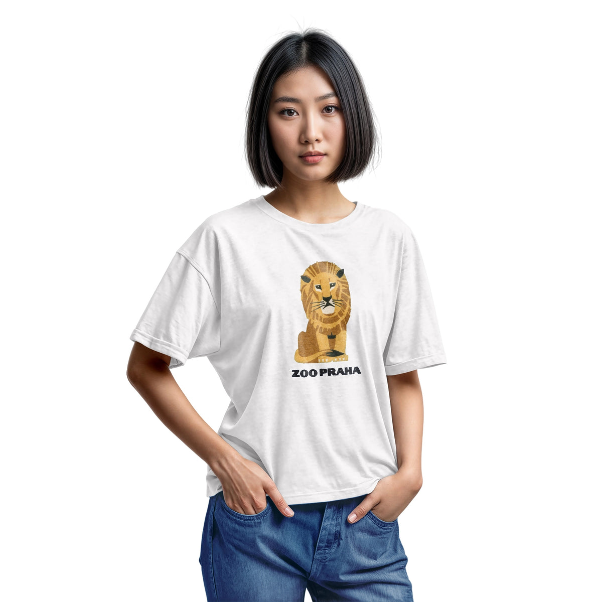 A white t-shirt with a 1960s ad for Prague Zoo featuring a retro graphic of a resting lion with 'ZOO PRAHA' printed underneath.