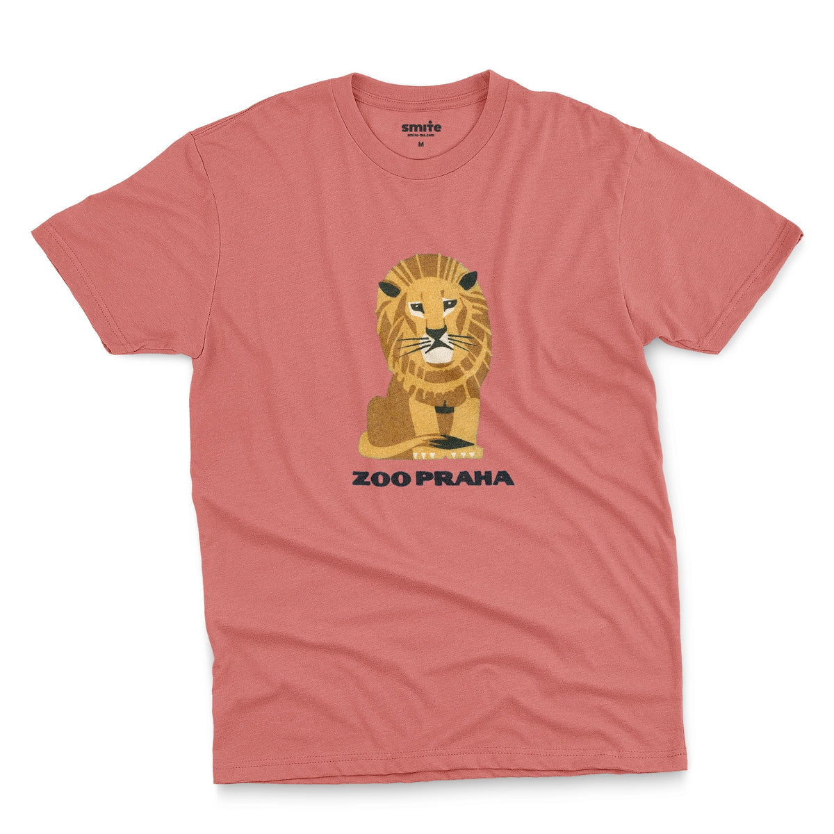 A coral pink t-shirt with a 1960s ad for Prague Zoo featuring a retro graphic of a resting lion with 'ZOO PRAHA' printed underneath.