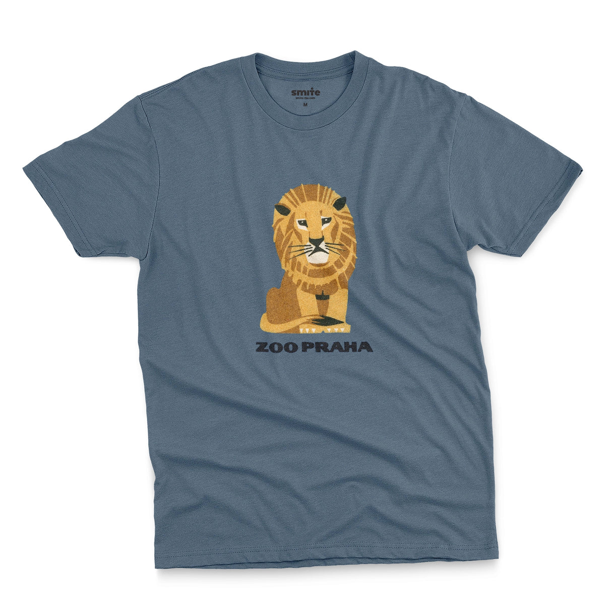 A blue t-shirt with a 1960s ad for Prague Zoo featuring a retro graphic of a resting lion with 'ZOO PRAHA' printed underneath.