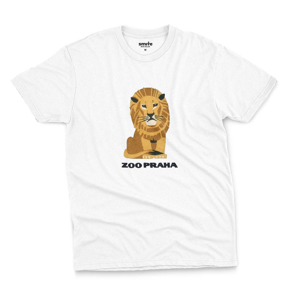 A white t-shirt with a 1960s ad for Prague Zoo featuring a retro graphic of a resting lion with 'ZOO PRAHA' printed underneath.