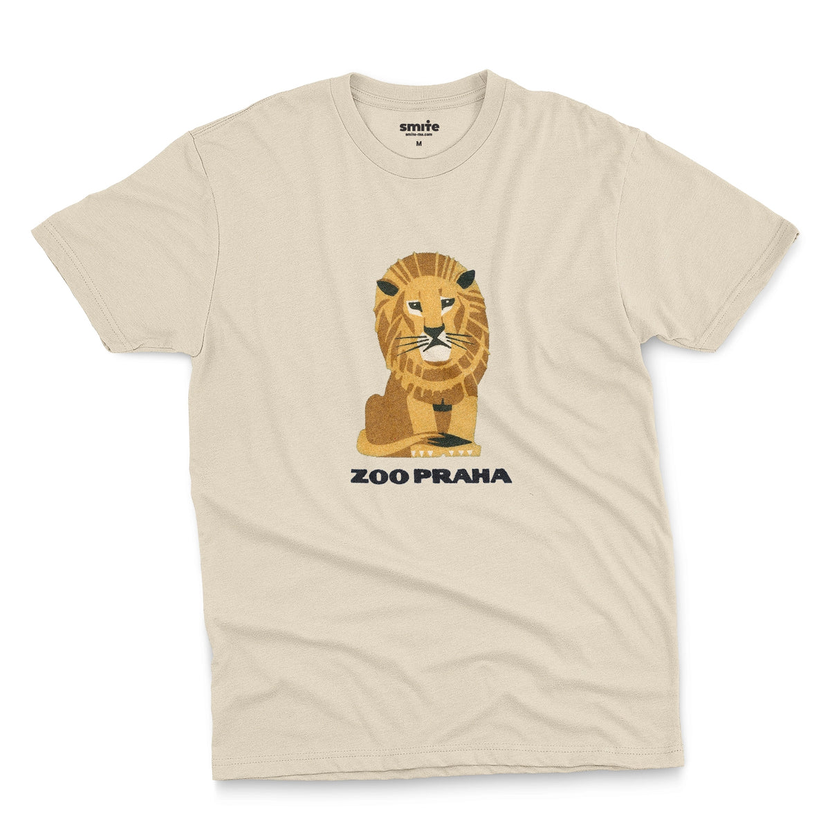 A beige t-shirt with a 1960s ad for Prague Zoo featuring a retro graphic of a resting lion with 'ZOO PRAHA' printed underneath.