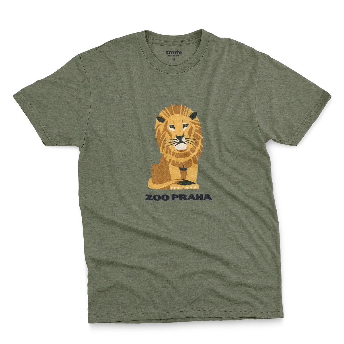 A green t-shirt with a 1960s ad for Prague Zoo featuring a retro graphic of a resting lion with 'ZOO PRAHA' printed underneath.
