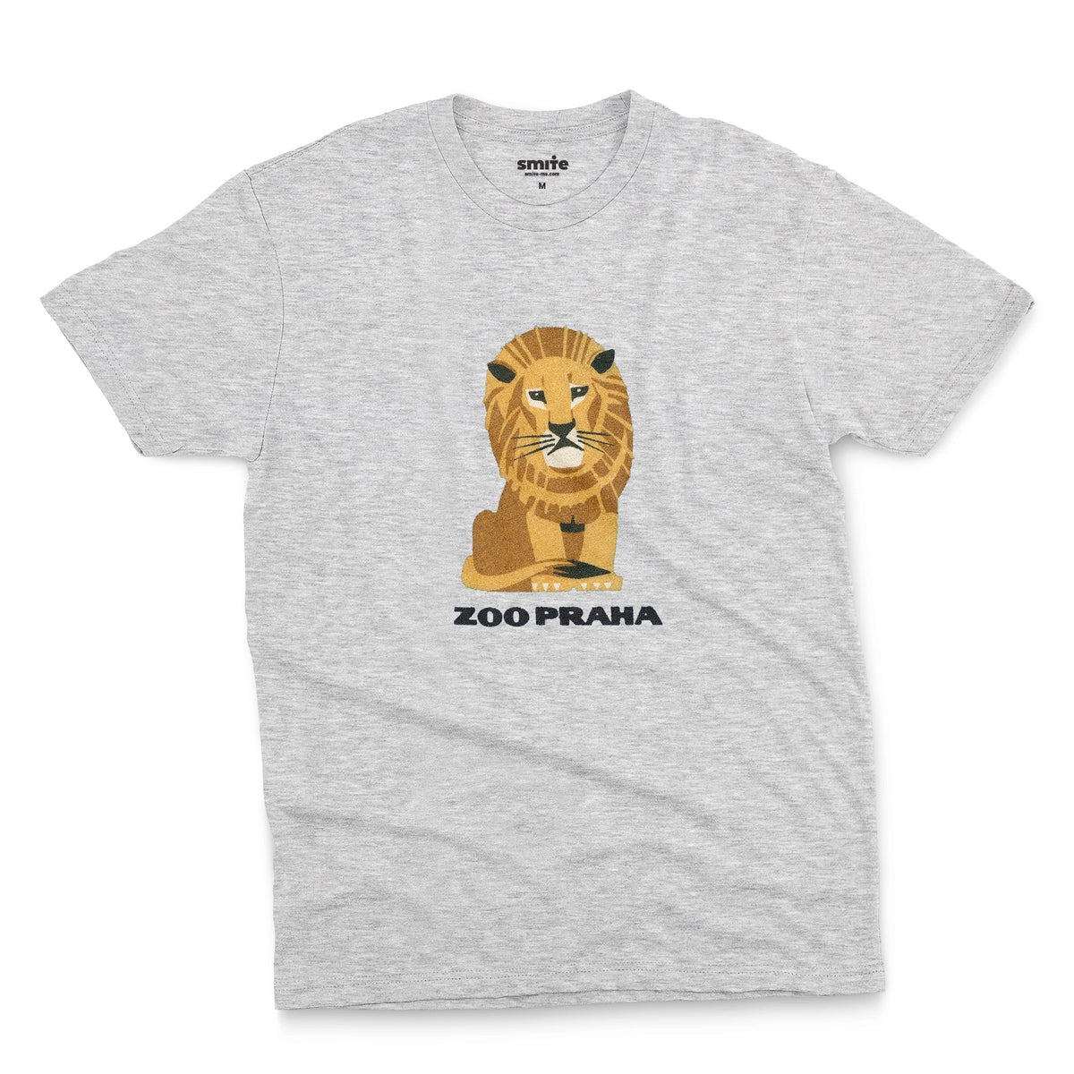 A grey marle t-shirt with a 1960s ad for Prague Zoo featuring a retro graphic of a resting lion with 'ZOO PRAHA' printed underneath.