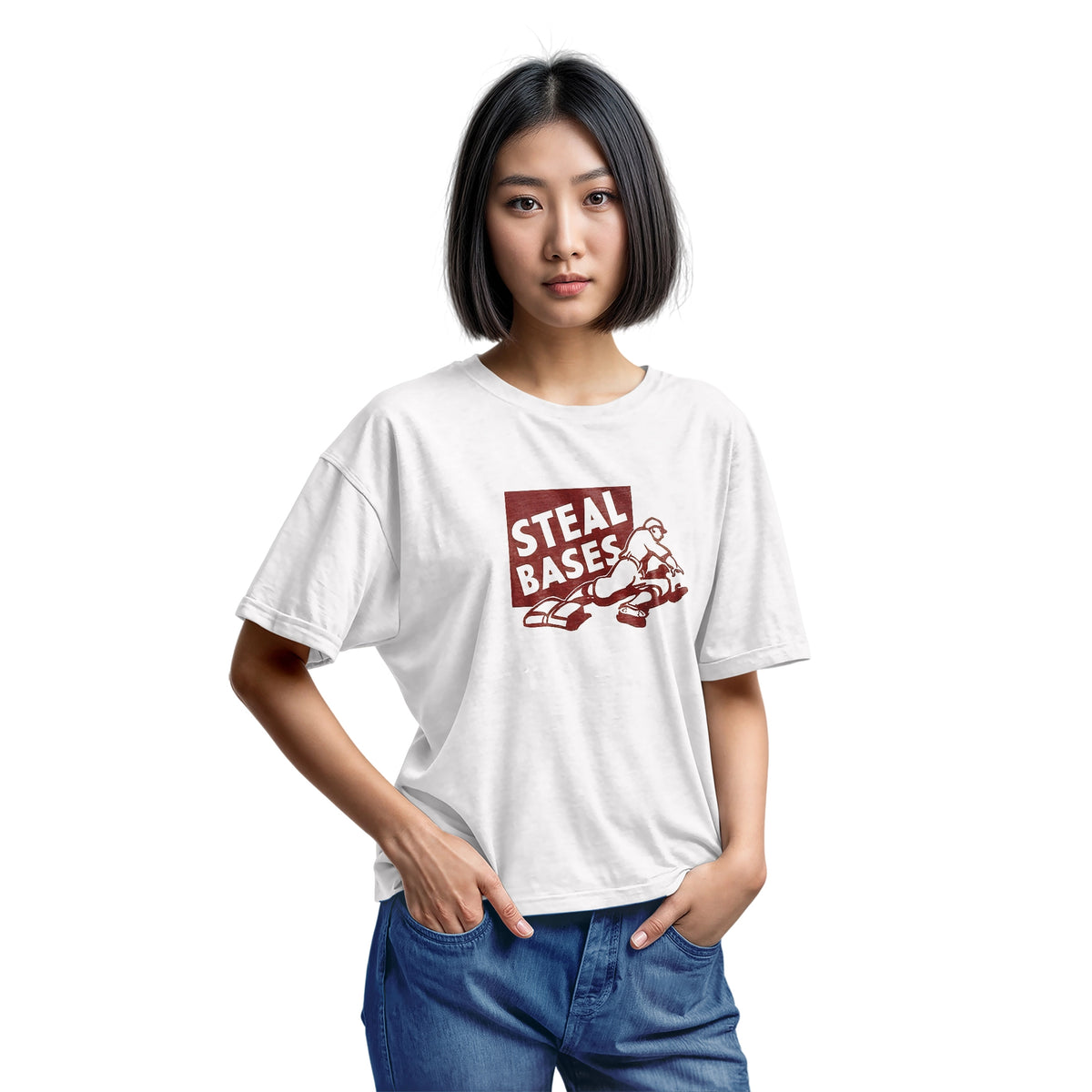 A white t-shirt featuring a retro graphic featuring an illustration of a baseball player and the text 'STEAL BASES'.